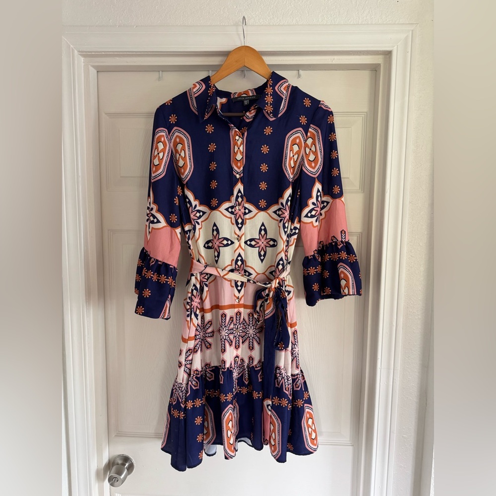 Julia Jordan Navy & Pink Patterned Tie-Waist Dress, Size Medium